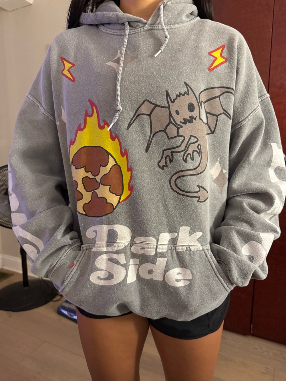 PacSun Gray 'Dark Side' Graphic Hoodie with Flames and Creature